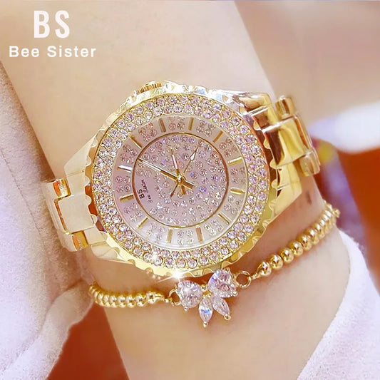Gold Diamond Quartz Women's Luxury Watch Stainless Steel Clock